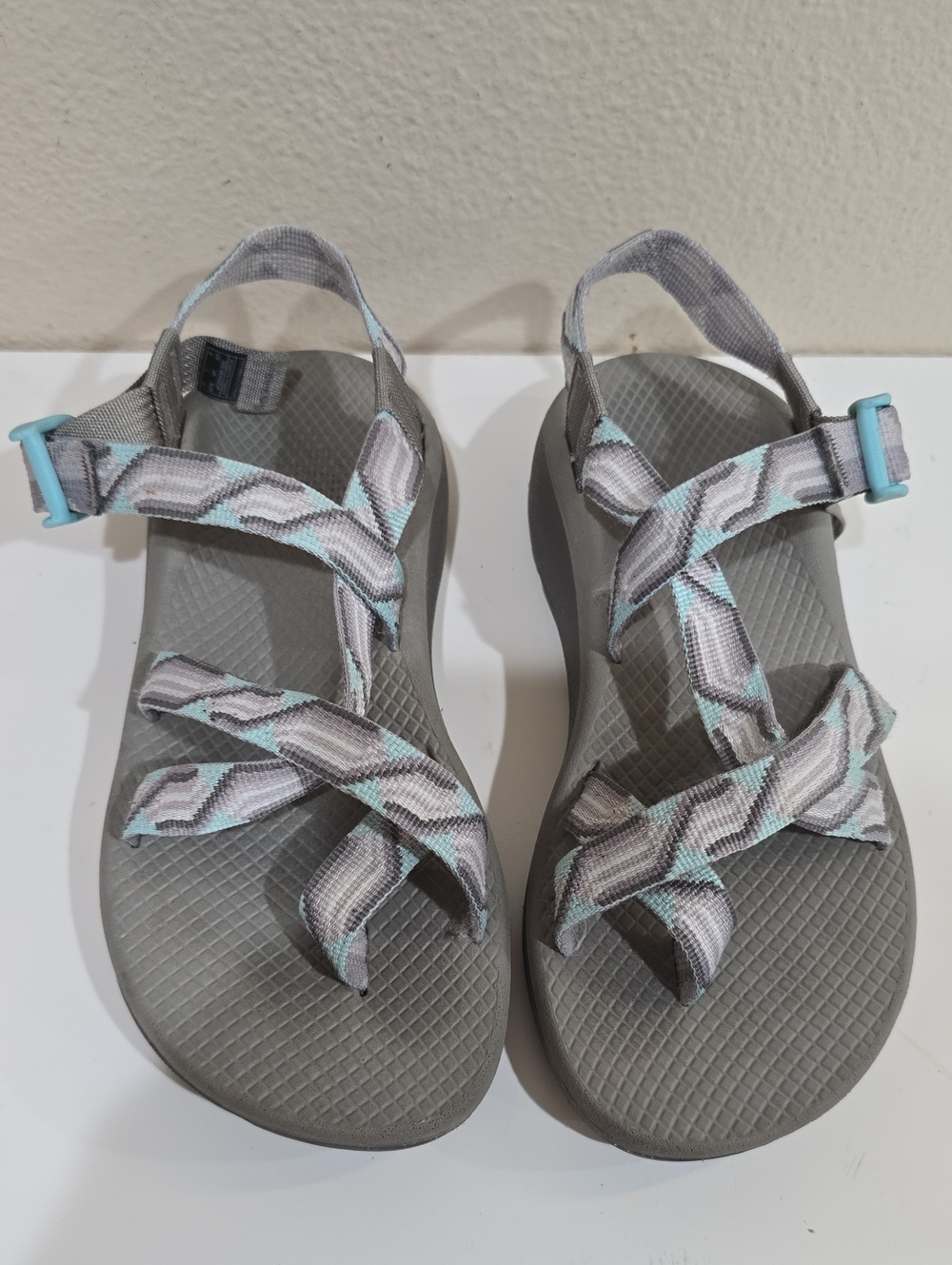 Chaco Gray Strappy Sandal with Light Teal Hardware